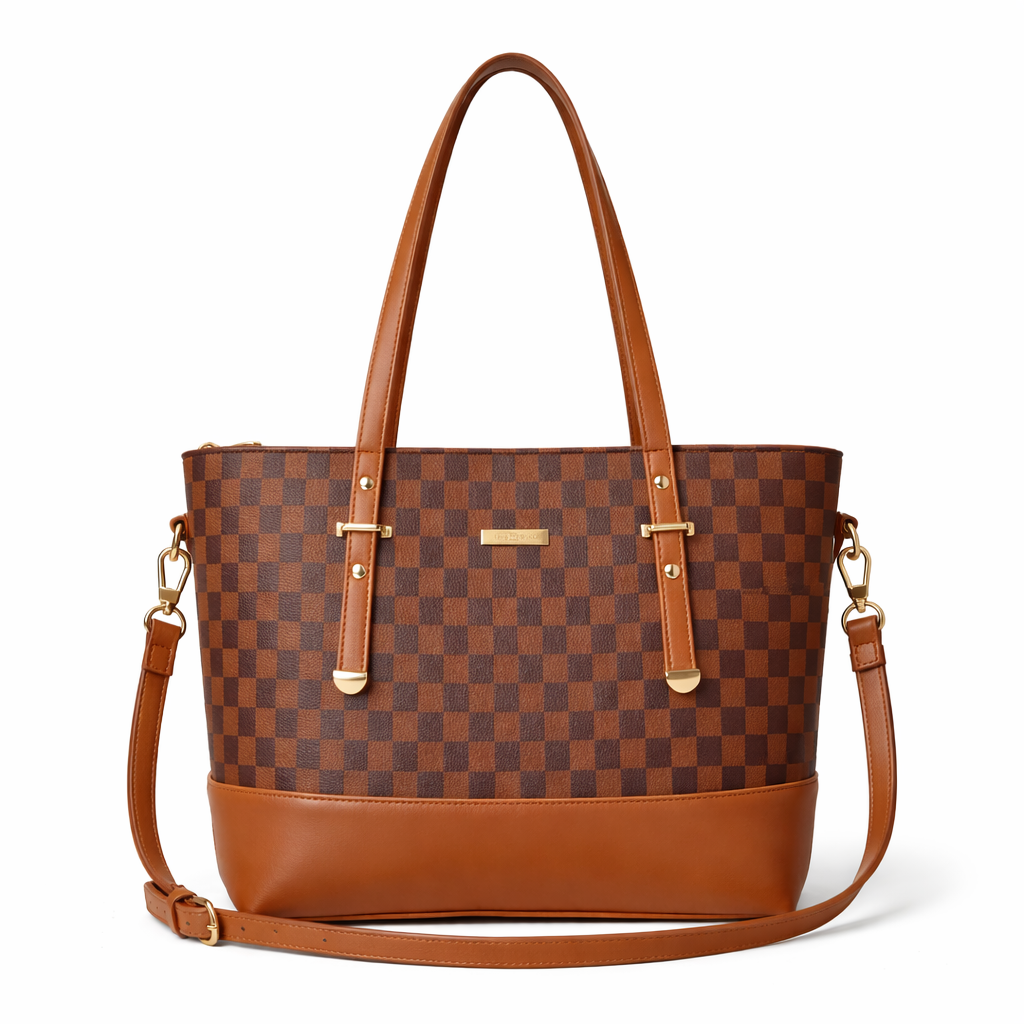 Checkered Tote Shoulder Bag Dark Brown