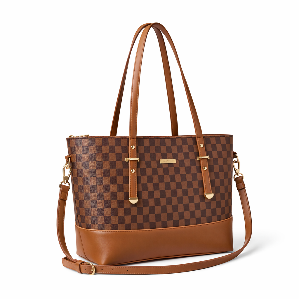 Checkered Tote Shoulder Bag Dark Brown