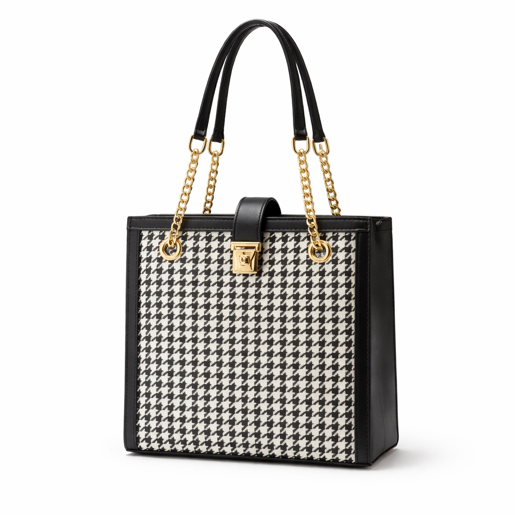 Houndstooth Chain Tote Bag Black