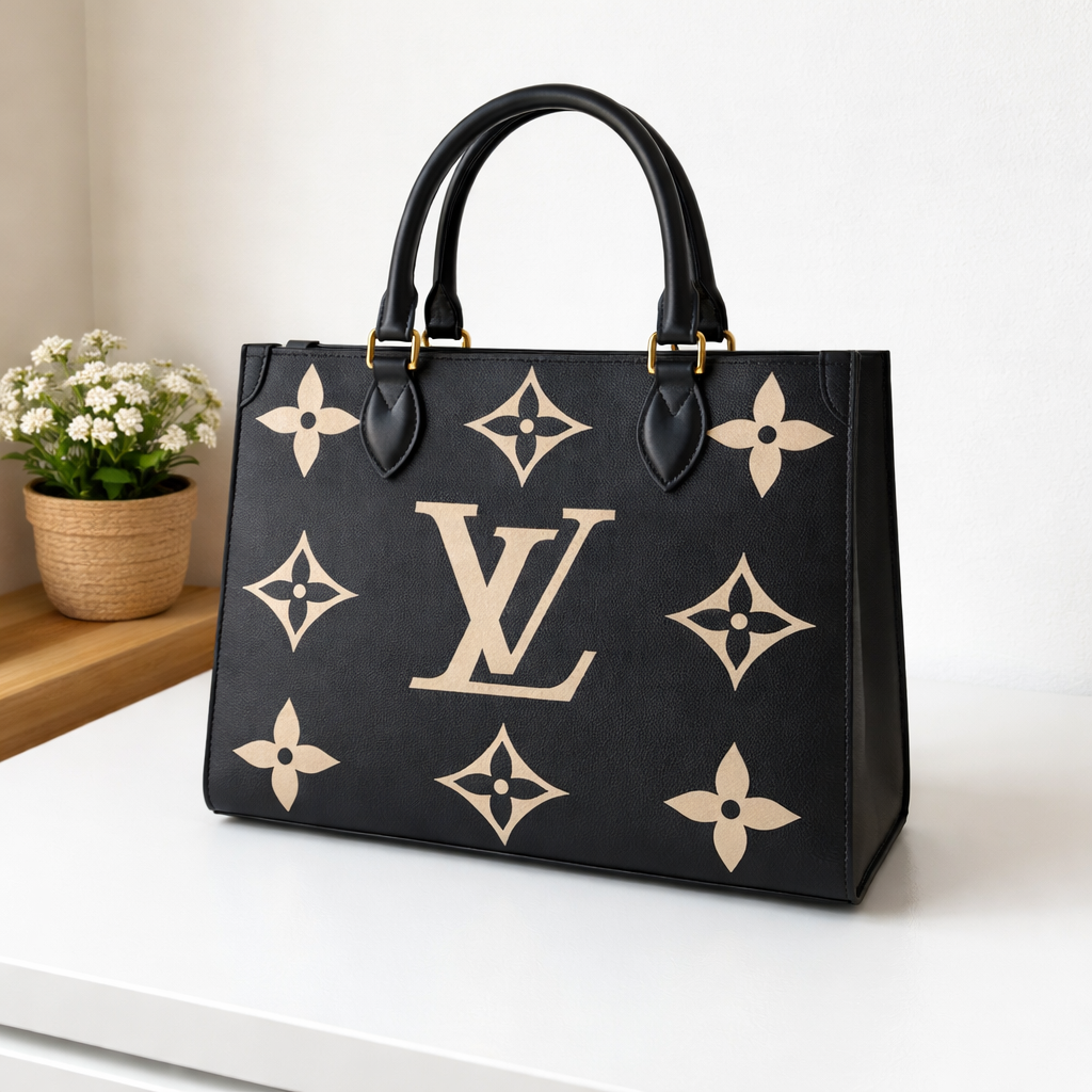 LV Tote Handbag Black & Beige